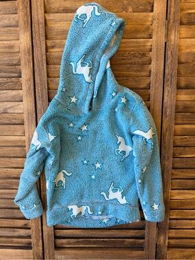 Boston Traders Blue Sherpa Hoodie with White Unicorns Stars Girls 5/6 XS Soft
